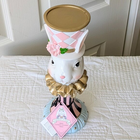 NEW-Tophat &Tails Mad Hatter Easter Bunny Pillar Candle Holder- Spring Decor 🐰 - Picture 5 of 9